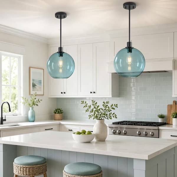RayHome 1-Light 11 in. Coastal Blue Modern Farmhouse Pendant Light w/ Globe Shade for Kitchen Island,Sink,Dining Bedroom