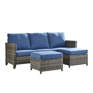 Serga Gray 3-Piece Wicker Outdoor Patio Lounge Chair with Blue Cushions and 2 Ottomans