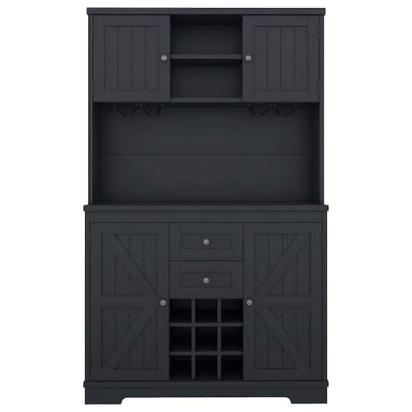 Farmhouse Antique Blue 9-Bottle Bar Cabinet with Glass Racks, Wood 47.32 in. W Buffet with Wine Storage