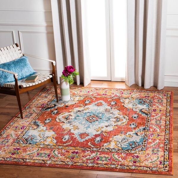 Monaco Orange/Light Blue 11 ft. x 11 ft. Distressed Border Medallion Square Area Rug