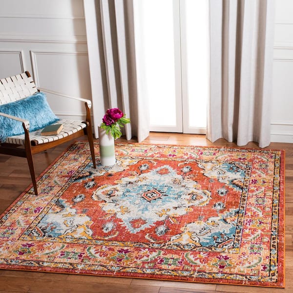 Monaco Orange/Light Blue 3 ft. x 3 ft. Distressed Border Medallion Square Area Rug