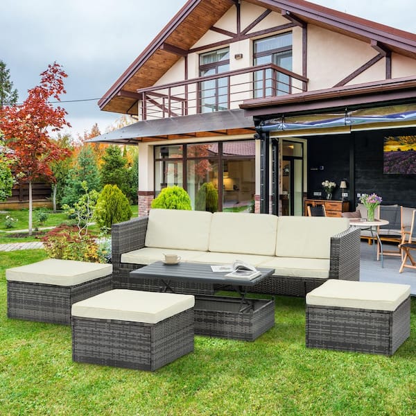 Unbranded 5-Piece Seasonal PE Wicker Outdoor Patio Sectional Sofa Furniture Set with Lift-Up Coffee Table and Beige Cushions