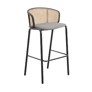 Ervilla Modern 29.5 in Wicker Bar Stool with Fabric Seat and Black Powder Coated Metal Frame (Grey)