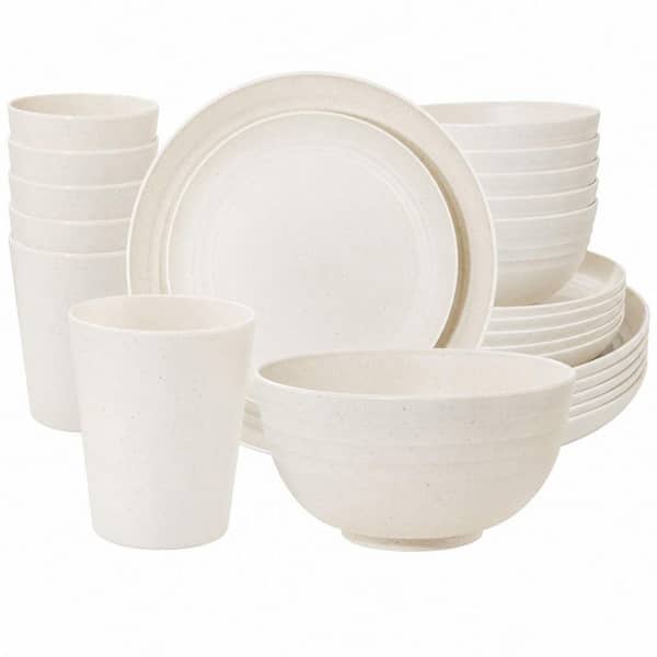 24-Piece Beige Wheat Straw Dinnerware Sets, 12 Plates, 6 Bowls, 6 Cups for Party, Microwave and Dishwasher Safe