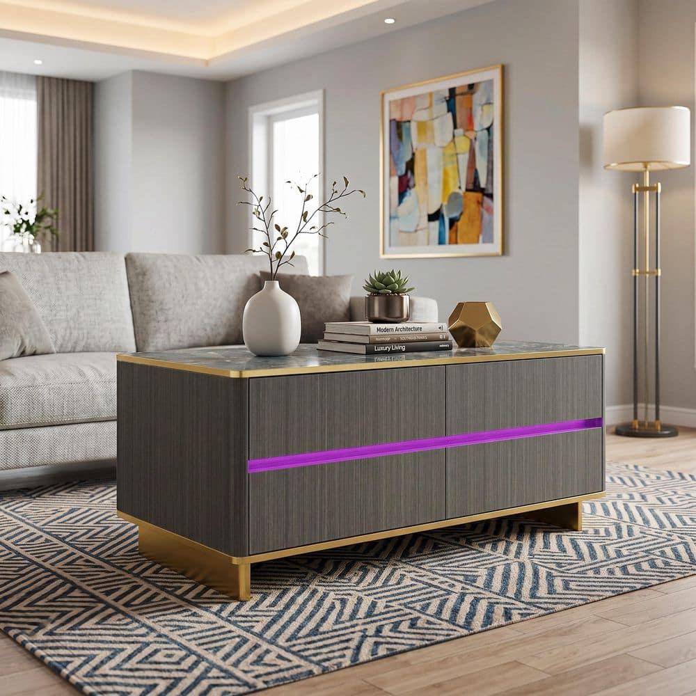 47.2 in. Gray Wood Grain Rectangle Wood Side Table, Coffee Table, with 4-Drawer, Open Shelf, Marble Top & Socket price history on PriceWatchPro
