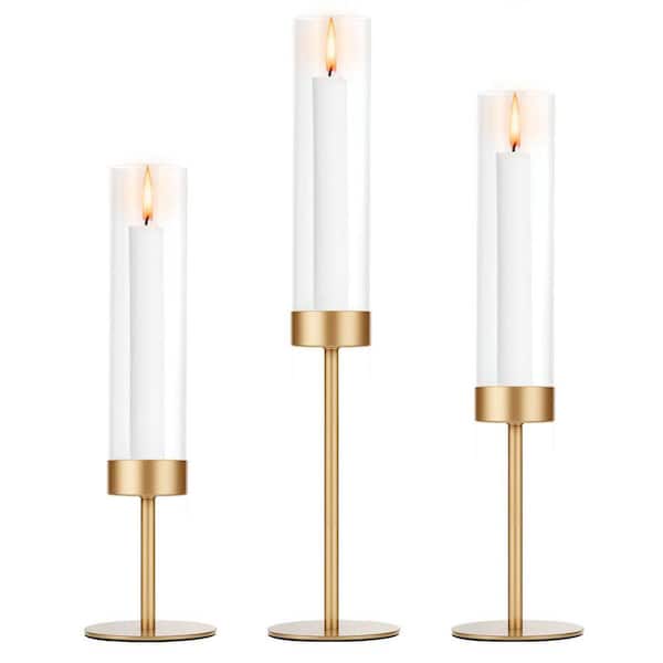 Set of 3 Gold Brass Candle Holders-Taper and Hurricane Style for ...