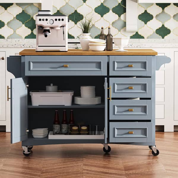 Coporesell Blue Grey Oak Veneer Kitchen Cart with Drop Leaf and Towel Rack