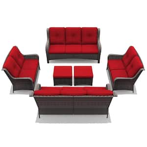 Patio Furniture Set 6 Pieces Outdoor Wicker Sectional Sofa with Red Cushions