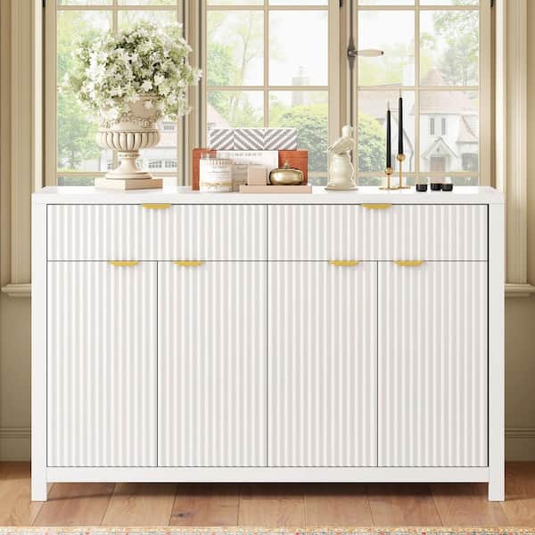 White Wood 55 in. Wave-Pattern Buffet Sideboard Cabinet with 2 Drawers 4 Doors 3-Level Adjustable Shelves Arc Handles TXs-P269068K
