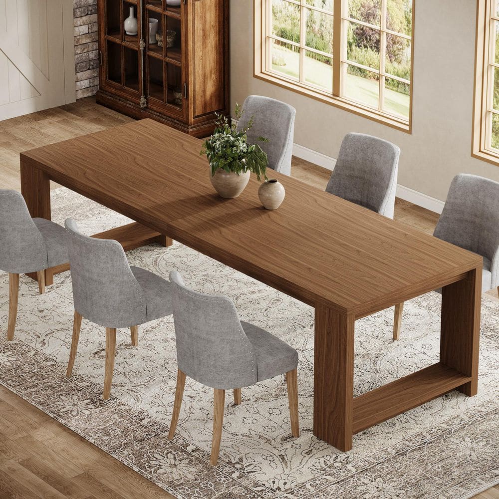 Halseey Long Rectangular Wood Walnut 86.61 in. Pedestal Dining Table Seats 6-8 for Living Room Dining Room and Kitchen