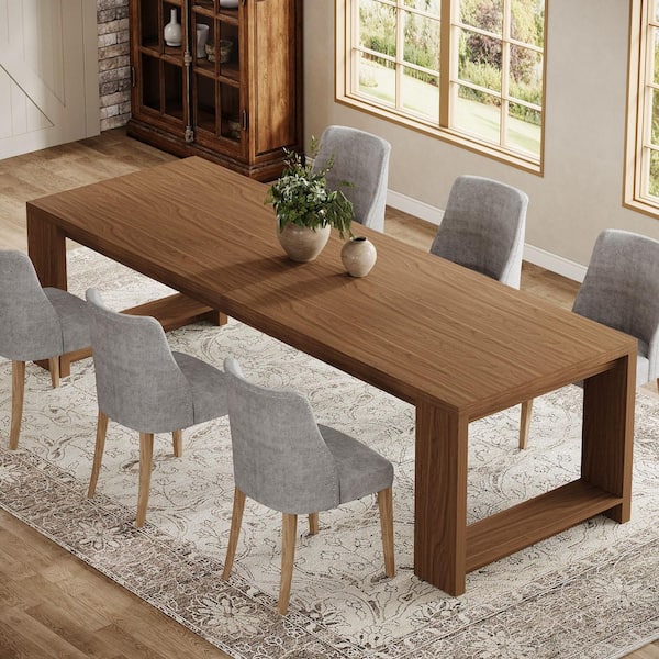Halseey Long Rectangular Wood Walnut 86.61 in. Pedestal Dining Table Seats 6-8 for Living Room Dining Room and Kitchen