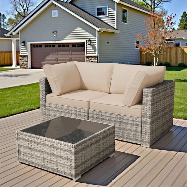 XIZZI Nestle 3 Pieces Wicker Patio Conversation Seating Sofa Set with Beige Cushions and Coffee Table