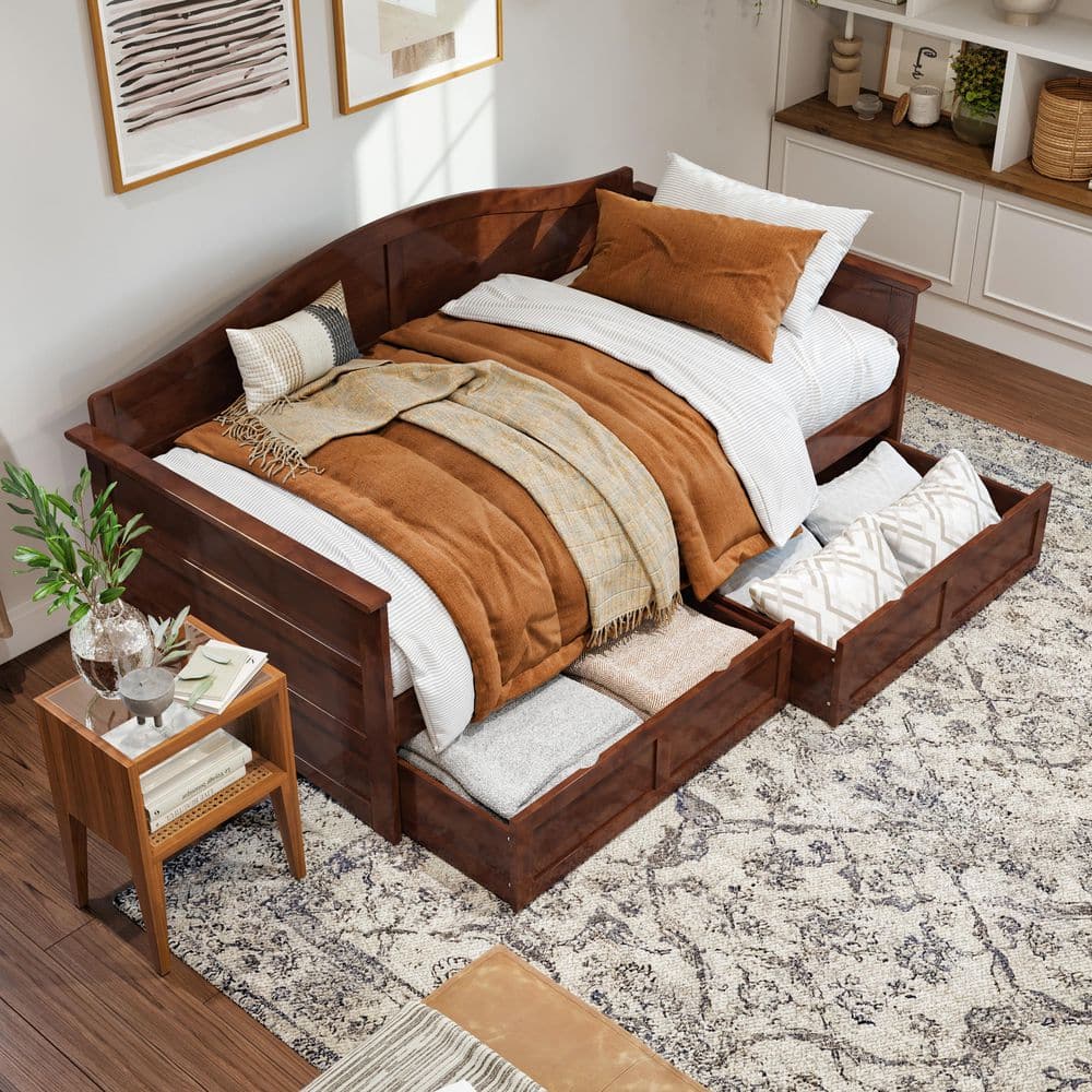 Acadia Walnut Twin Wood Daybed with 2 Storage Drawers