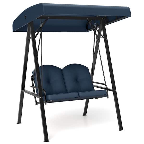 Costway 57 in. 2-Person A-Shaped Metal Stand Outdoor Porch Swing Loveseat with Navy Cushions