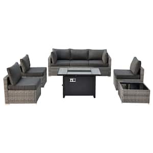 Sanibel Gray 8-Piece Wicker Patio Conversation Sofa Sectional Set with a Metal Fire Pit and Black Cushions