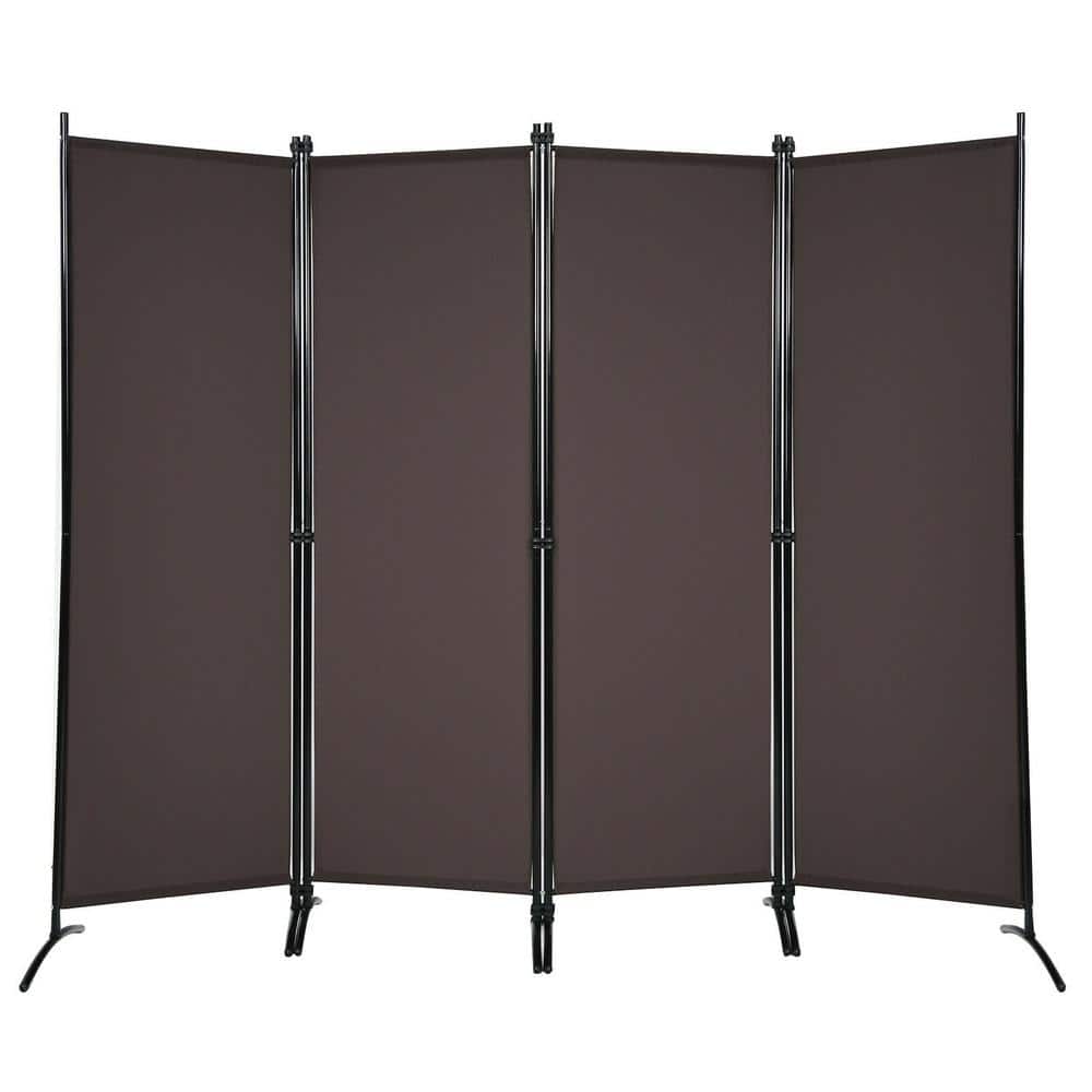 Brown 4-panel room divider privacy screen with black steel frame.