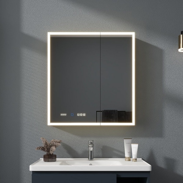 30 in. W x 32 in. H Rectangular Aluminum Recessed/Surface Mount LED Medicine Cabinet with Mirror, 5x Magnifying Mirror