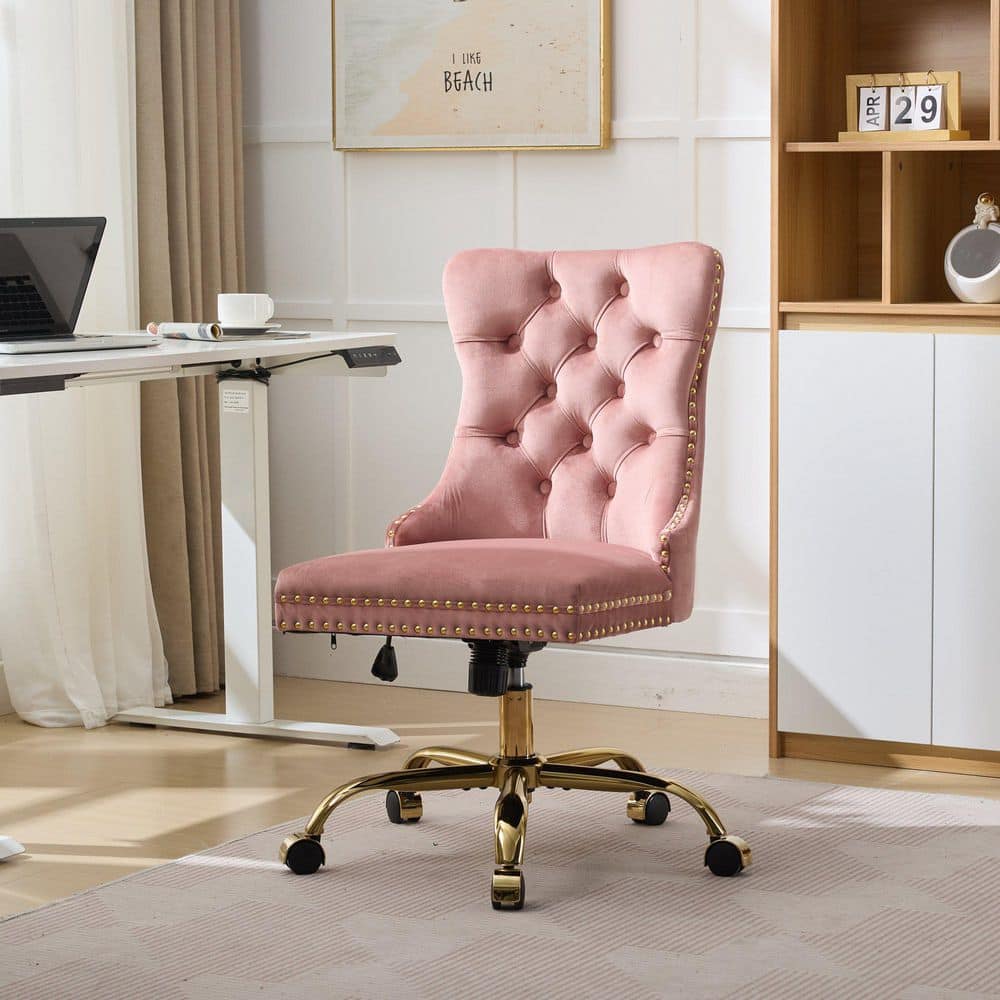 Velvet Adjustable Height Swivel Tufted Ergonomic Task Chair in Pink/Gold with Wheels