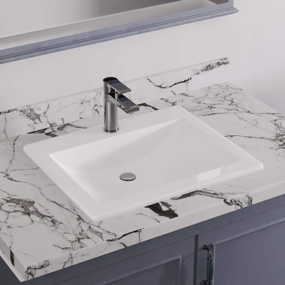 21'' White Gloss Ceramic Rectangular Drop-In Bathroom Sink
