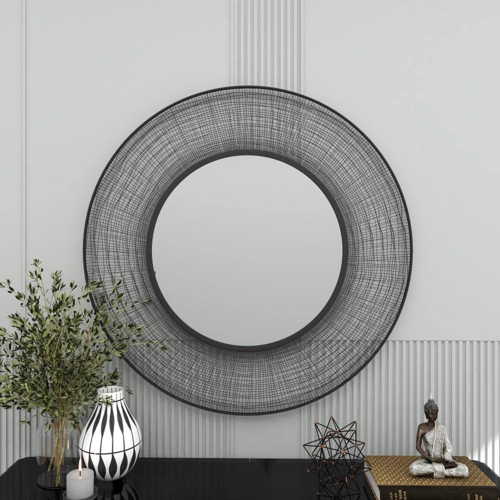 Litton Lane 40 in. x 40 in. Starburst Round Framed Black Wall Mirror ...