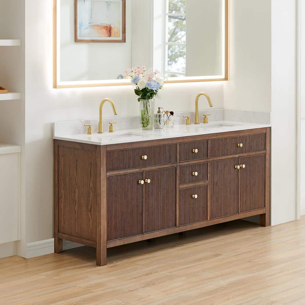 Cerrito 72" Brown Oak Double Sink Vanity with White Stone Top