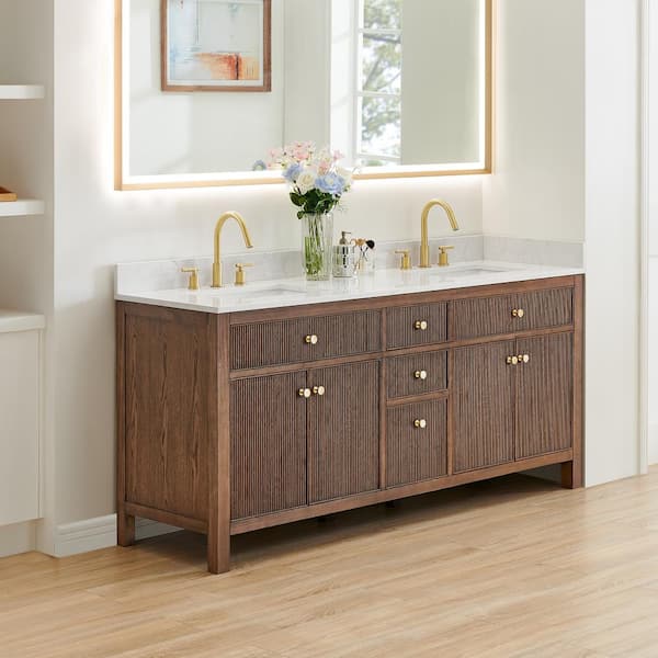 Cerrito 72 in. Double Sink Freestanding Brown Oak Bath Vanity with Grain White Engineered Stone Top Assembled