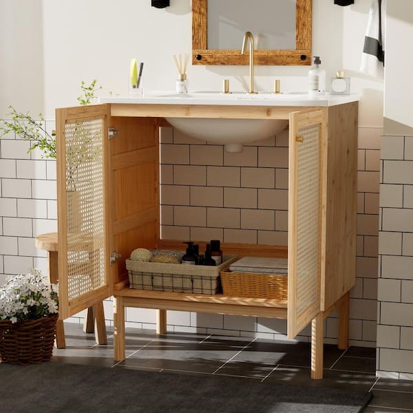 29.72 in. W x 18.31 in. D x 34.06 in. H Single Sink Freestanding Bath Vanity in Brown with White Ceramic Top and Storage