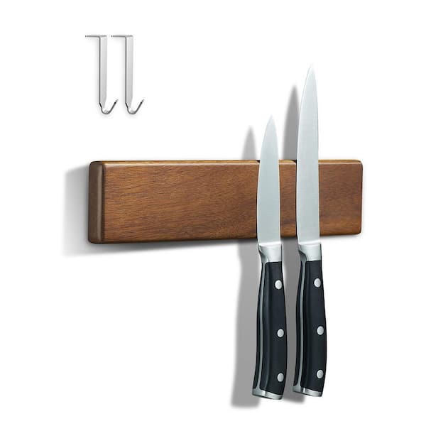 6-Knife 10 in. Strong Magnetic Knife Holder, Solid Acacia Wood Magnetic Knife Bar with 2 Hooks and 3-Way Installation
