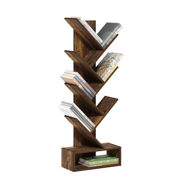 Furinno Tree 46.18 in. Tall Amber Pine Wood 7-Shelf Tree Bookcase