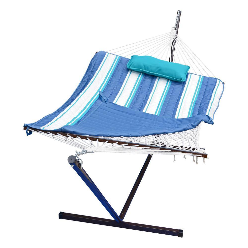 Blue Cotton Rope Hammock with Stand, Pad & Pillow