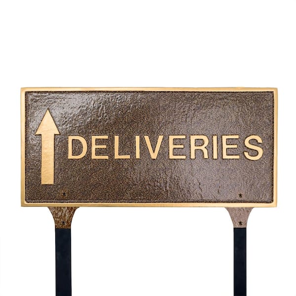 Montague Metal Products 7.25 in. x 15.25 in. Deliveries with Up Arrow Standard Rectangle Statement Plaque with Lawn Stakes - Oil Rubbed/Gold