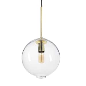 Zurich 10 in. W x 19 in. H 1-Light Brass Hand Blown Glass Pendant Light with Clear Glass Shade