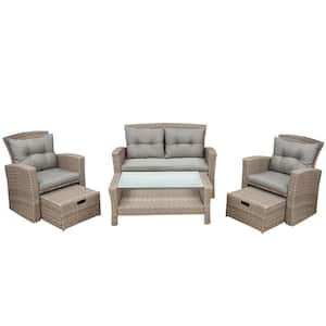 U-style Brown 4-Pieces Wicker Rattan Outdoor Sectional with Ottoman and Gray Cushions