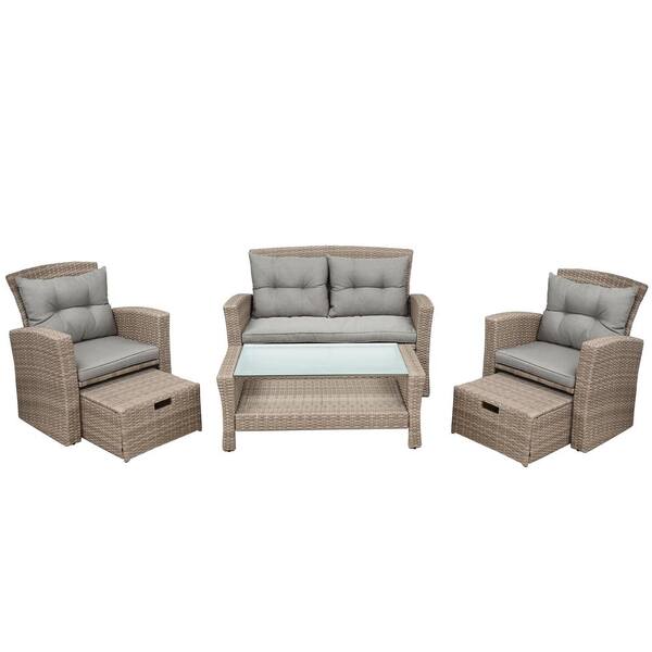 Wateday U-style Brown 4-Pieces Wicker Rattan Outdoor Sectional with Ottoman and Gray Cushions