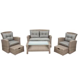 4 Piece Wicker Outdoor Conversation All Weather Sectional Sofa with Gray Ottoman and Cushions