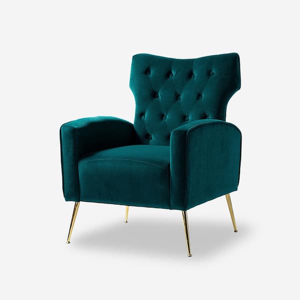 JAYDEN CREATION Brion Modern Teal Velvet Button Tufted Comfy Wingback Armchair with Metal Legs