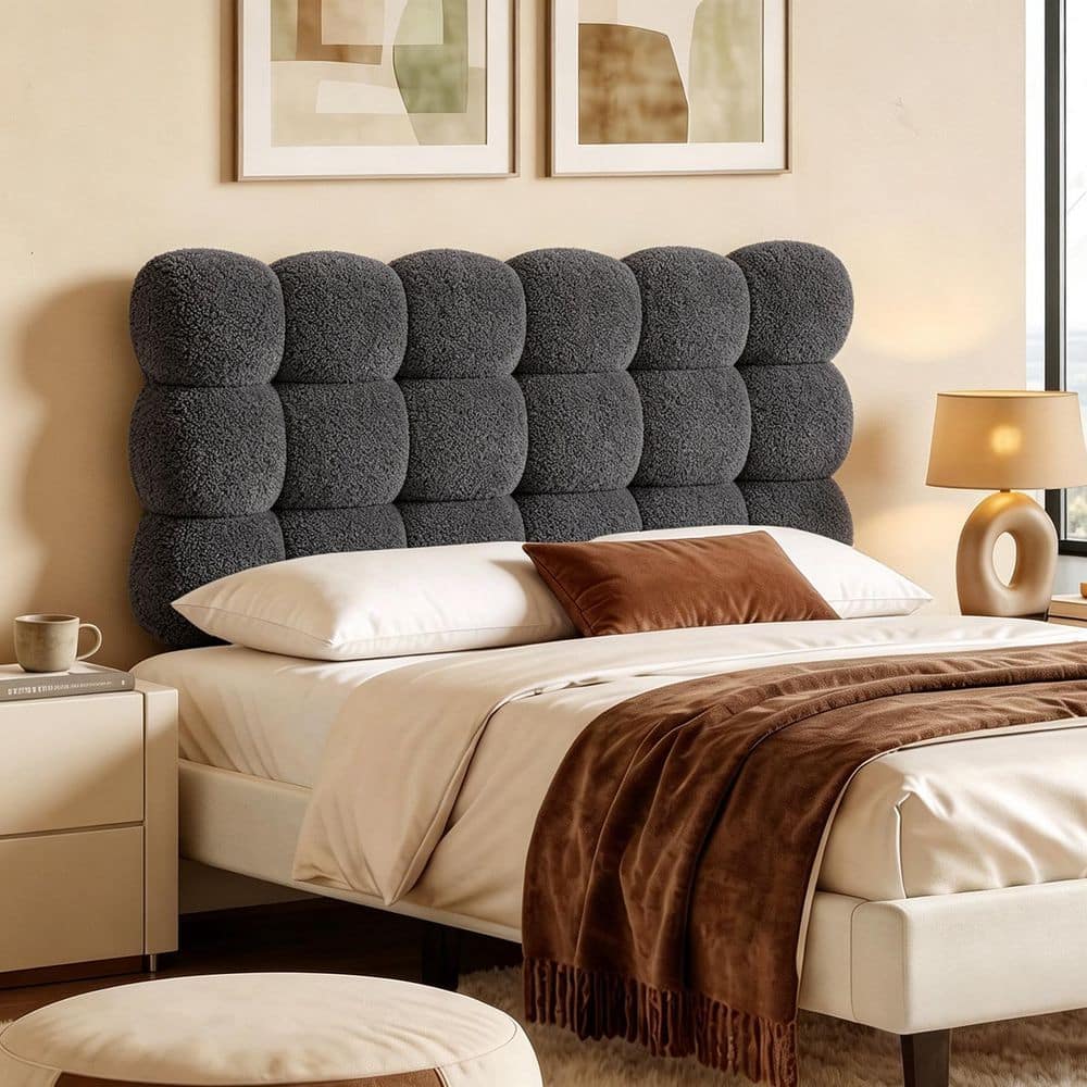Gray Full Size Teddy Fleece Cloud-Shape Upholstered Headboard with High-Density Foam-Soft Plush Bedhead for Bedroom
