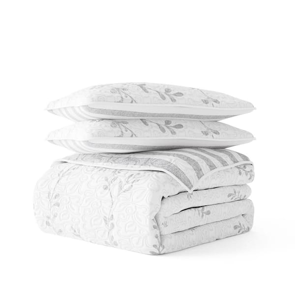 Becky Cameron All Season 3-Pcs Sprouting Vines Stripe Reversible Microfiber Quilt Set with Shams