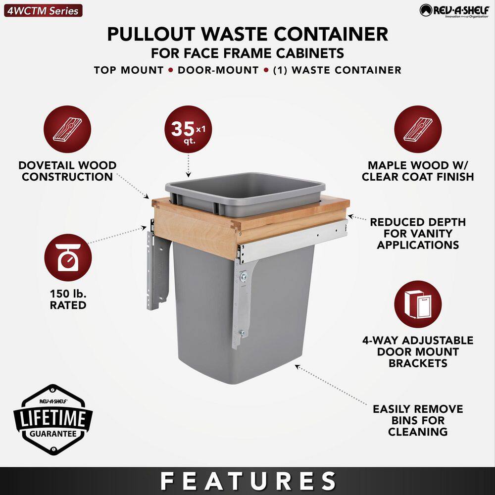 Gray Plastic Pull-Out Trash Can with Adjustable Mounting Brackets