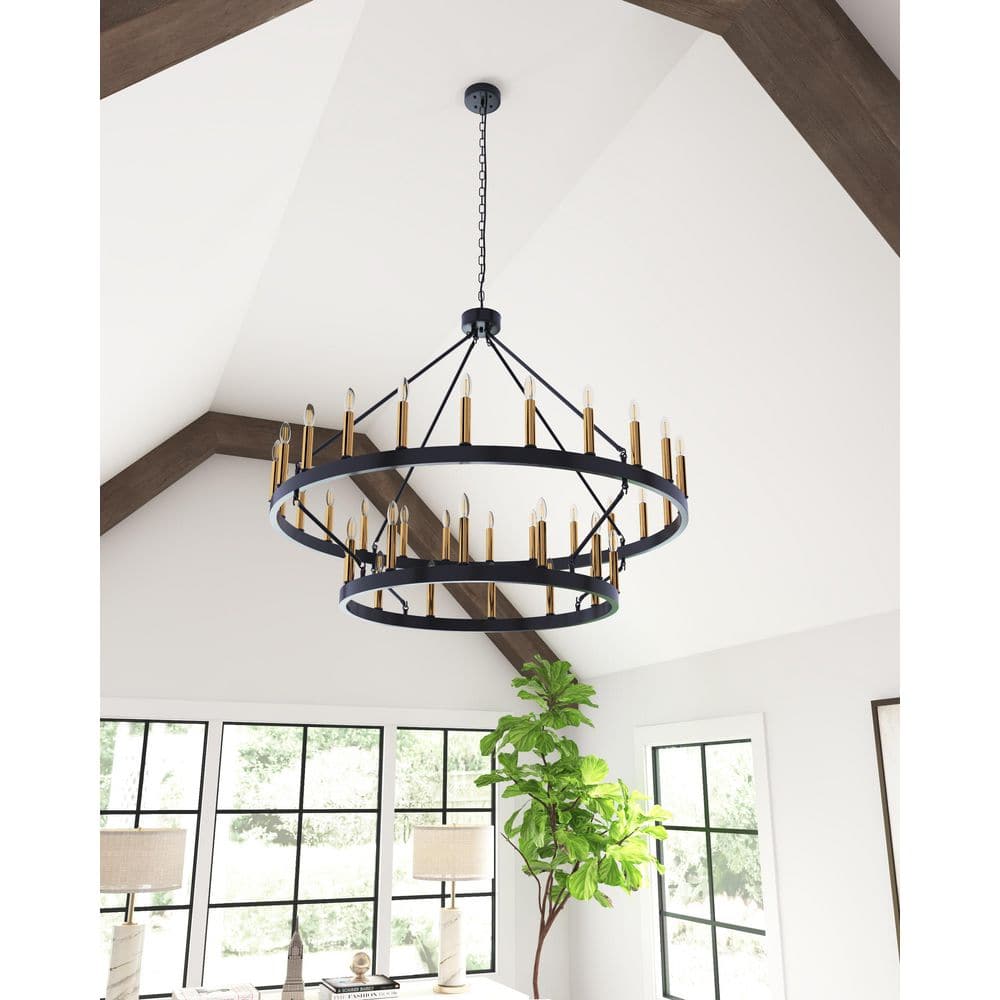 47.24 in. 36-Light Round Black Wagon Wheel Chandelier Large Farmhouse 2-Tie