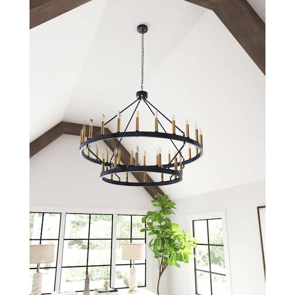 47.24 in. 36-Light Round Black Wagon Wheel Chandelier Large Farmhouse 2-Tier Chandeliers