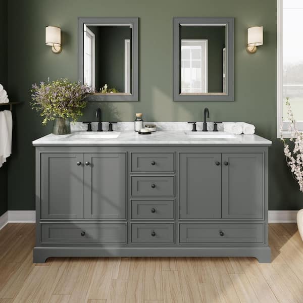 Wyndham Collection Deborah 72 in. W x 22 in. D x 35 in. H Double Bath Vanity in Dark Gray with White Carrara Marble Top and 24 in. Mirrors