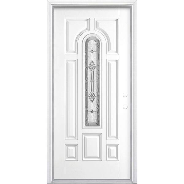 Masonite 36 in. x 80 in. Providence Center Arch Pure White Left Hand Painted Smooth Fiberglass Prehung Front Door w/ Brickmold