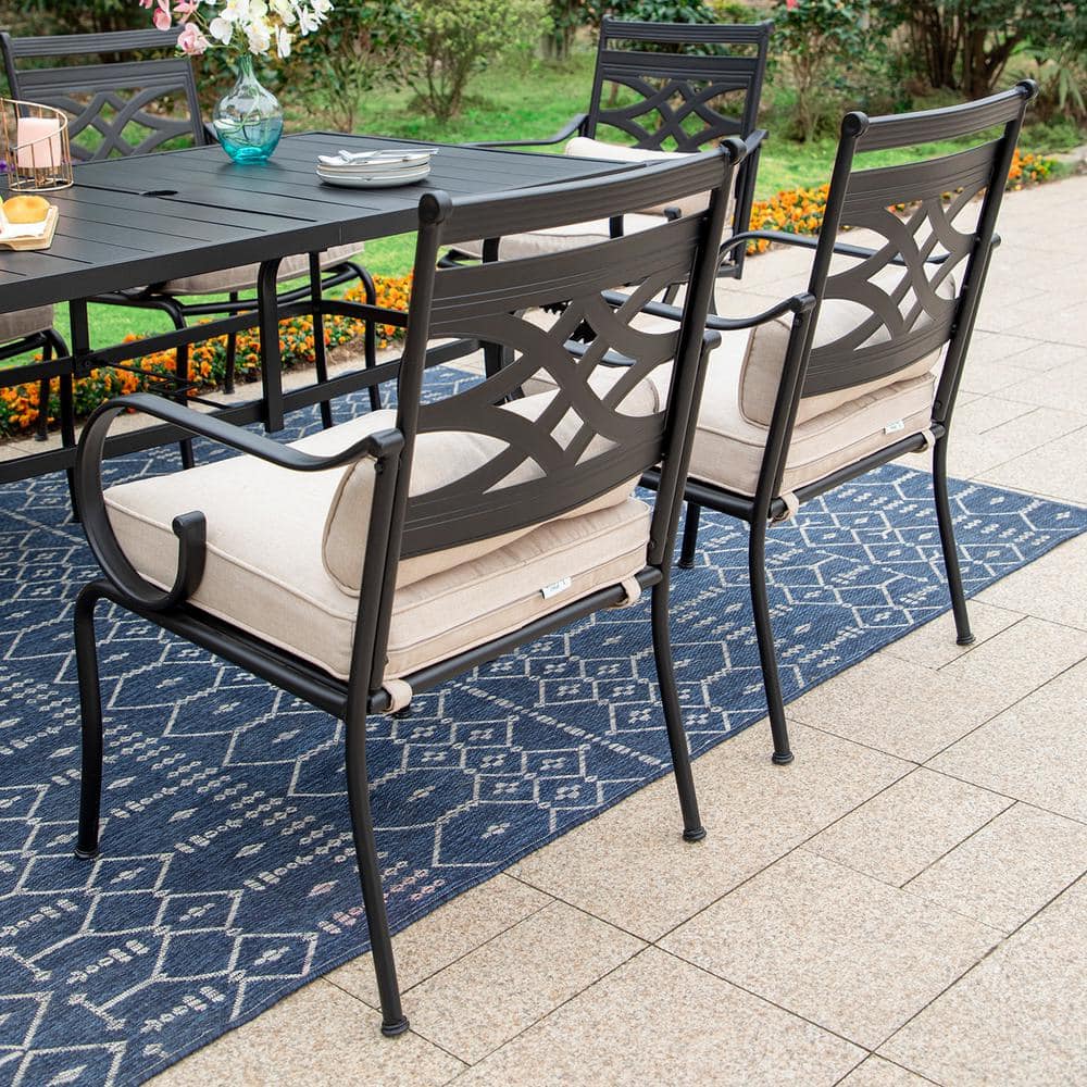 7-Piece Black Steel Patio Dining Set with Beige Cushions