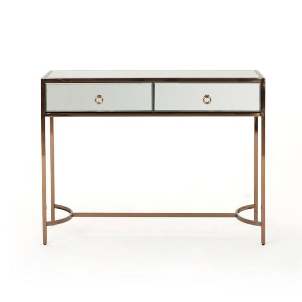 Noble House Arthur 44 in. Clear/Rose Gold Standard Rectangle Mirrored Console Table with Stainless Steel Frame