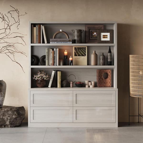 FUFU&GAGA Beige Wood Grain Wood 63 in. W Sideboard Bookcase Storage Cabinet with 4 Drawers and 3 Open Shelves