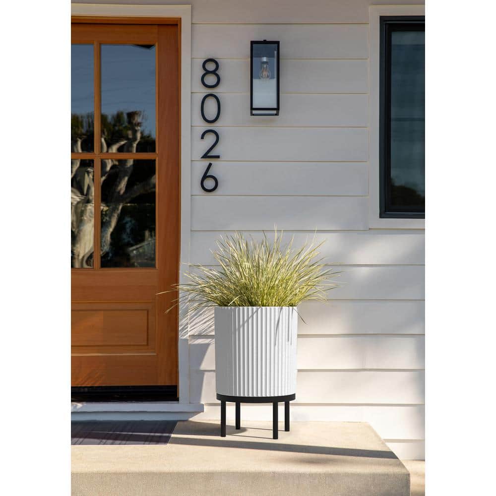 White and Black Concrete-Composite Planter with Acacia Stand, 16" - Set of 2