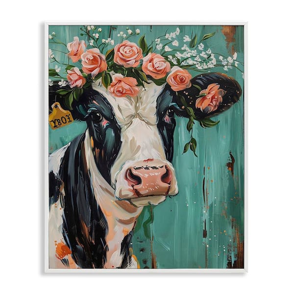 Stupell Industries Floral Cow on teal by LSR Design Studio White Framed Animal Giclee Art Print 20 in. x 16 in.