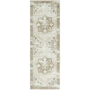 Tuscon Sage/Ivory 3 ft. x 14 ft. Machine Washable Border Distressed Runner Rug
