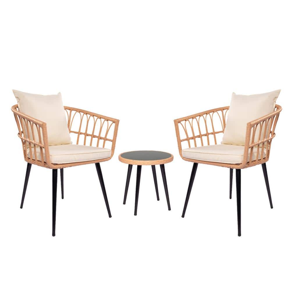3-Piece PE Wicker Outdoor Bistro Set, Patio Conversation Chair Set with Sid